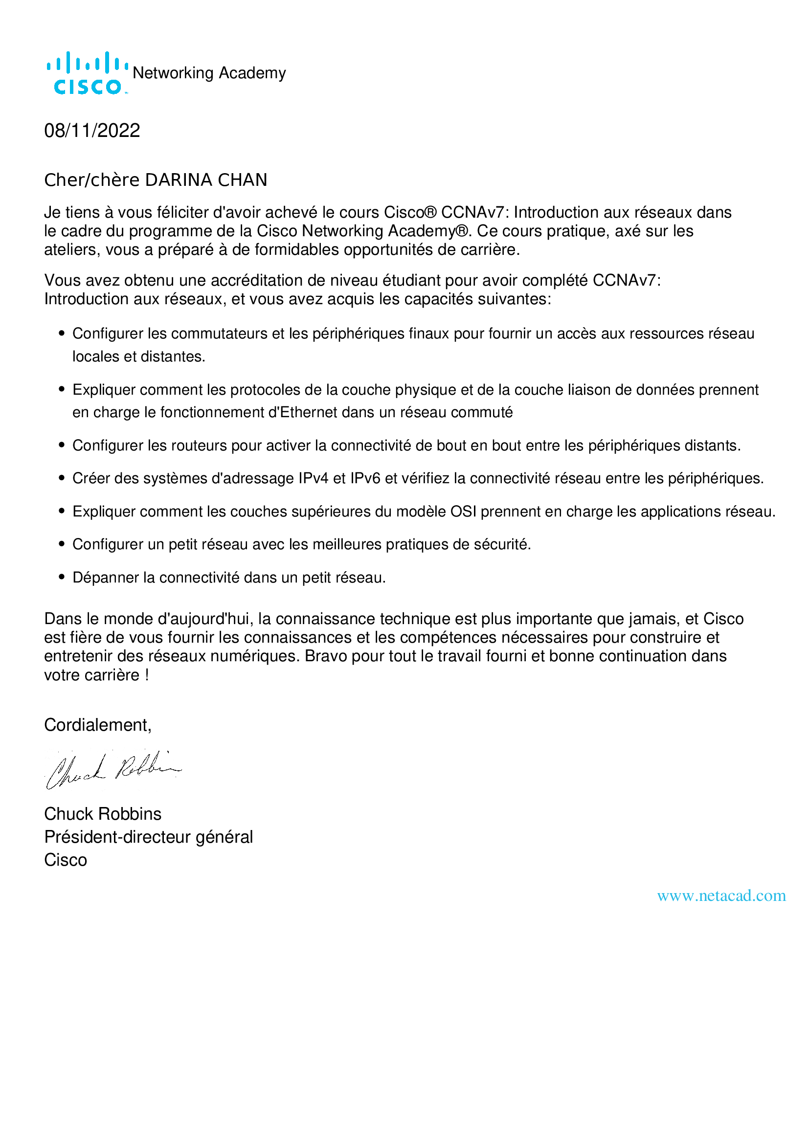 Lettre de Cisco pour le CCNA1