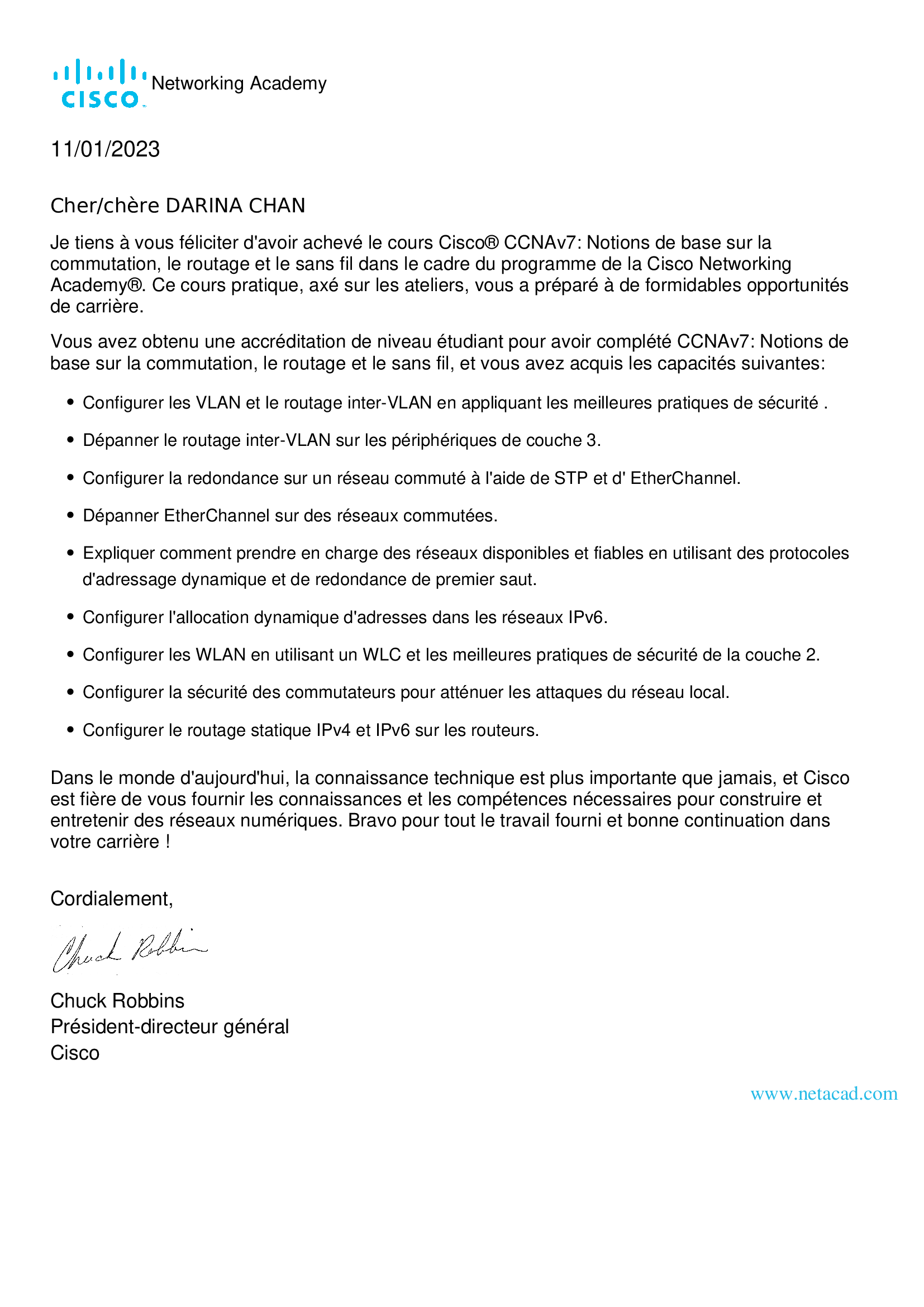 Lettre de Cisco pour le CCNA2